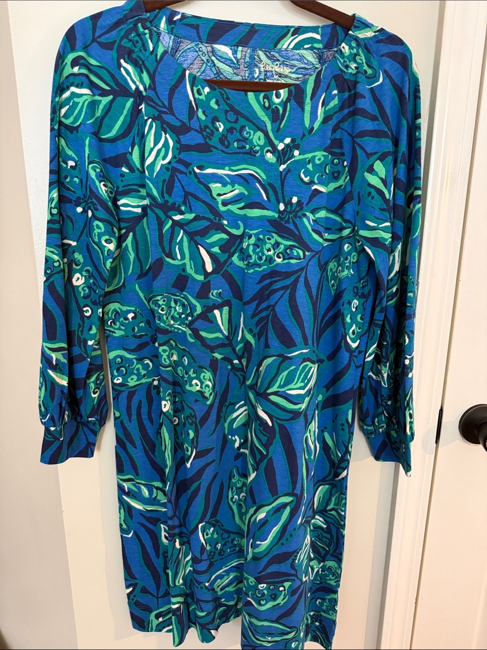 Lilly Pulitzer Blue and Green Leaf-Print Long Sleeve Dress
